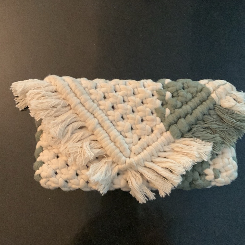 Bohemian Macrame Clutch. Cream and Green  5” x 9”
